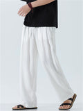 Mens Vintage Summer Linen Blend Loose Fit Casual Beach Wide Leg Pants