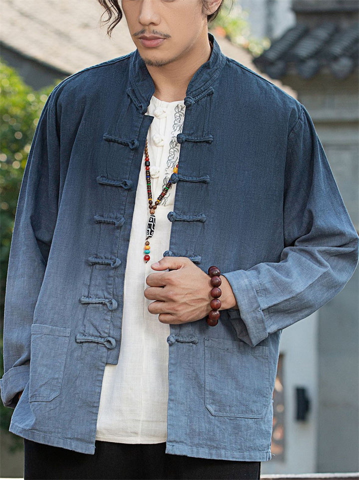 Men's Contrast Color Tie-dye Stand Collar Frog Button Cardigan Shirts