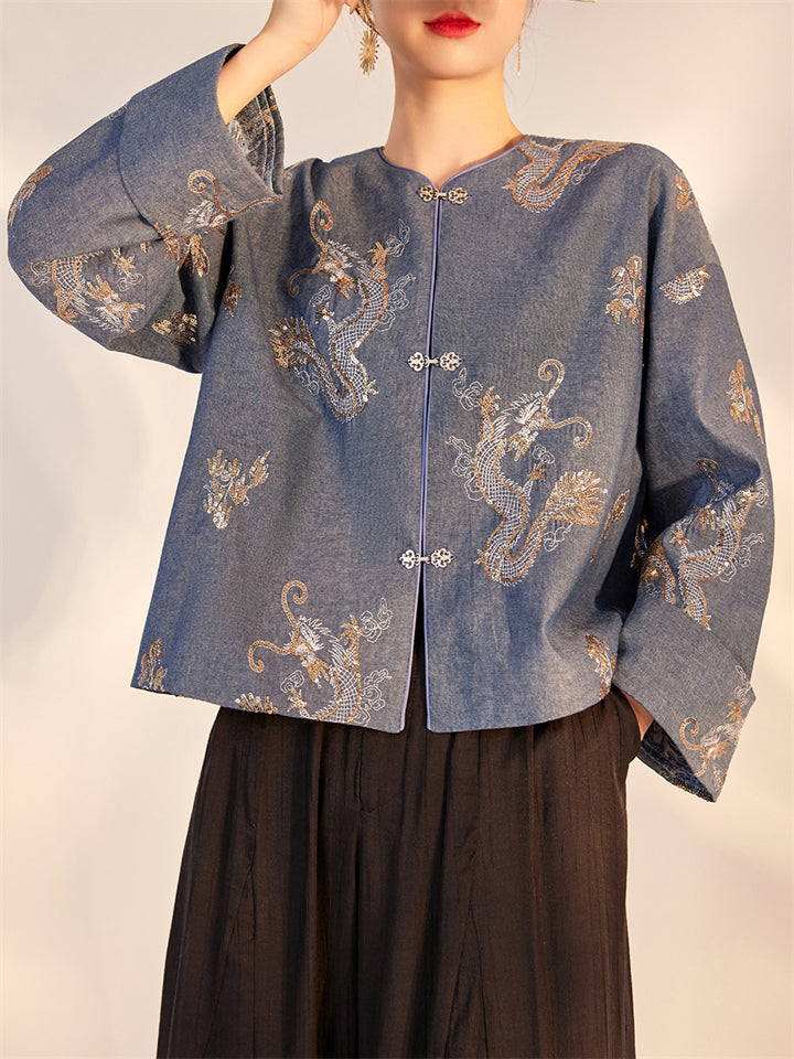 Women's Chinese Style Round Neck Long Sleeve Loong Embroidered Jacket