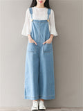 Female Solid Color Wide Leg Demin Overall Cropped Jumpsuits