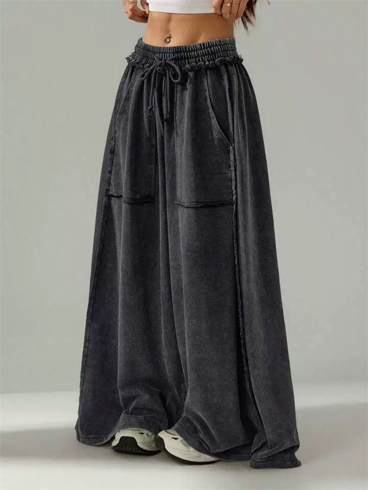 Women's Distressed Black Elastic Waist Wide Leg Long Pants