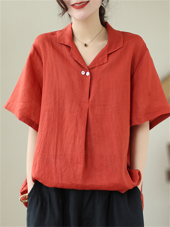 Women's Loose Solid Color Pullover V Neck Short Sleeve Shirts
