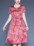 Women's Loose Floral Print Tie-waist O-neck Short Sleeve Dress