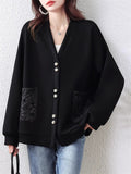 Women's Black V-neck Single Breasted Pockets Long Sleeve Jacket