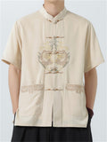 Men's Vintage Chinese Loong Print Frog Button Short Sleeve Tang Suit Shirts