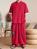Ethnic Style Slant Opening Plate Buttons Linen Tops and Wide Leg Pants Set for Men