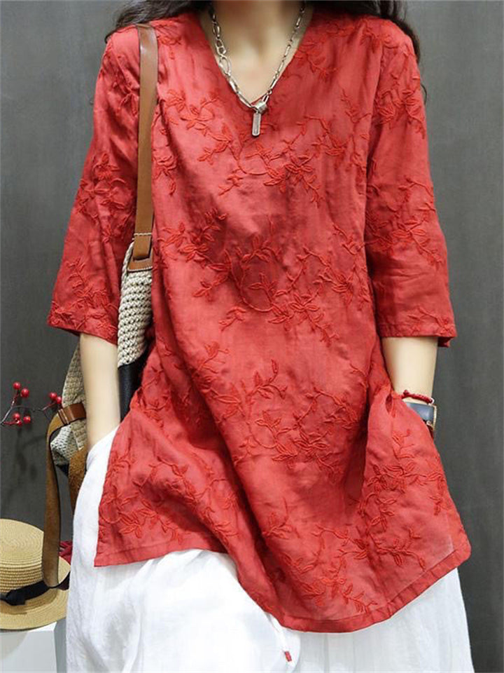 Leaf Embroidered Side Split Women's Casual Shirts