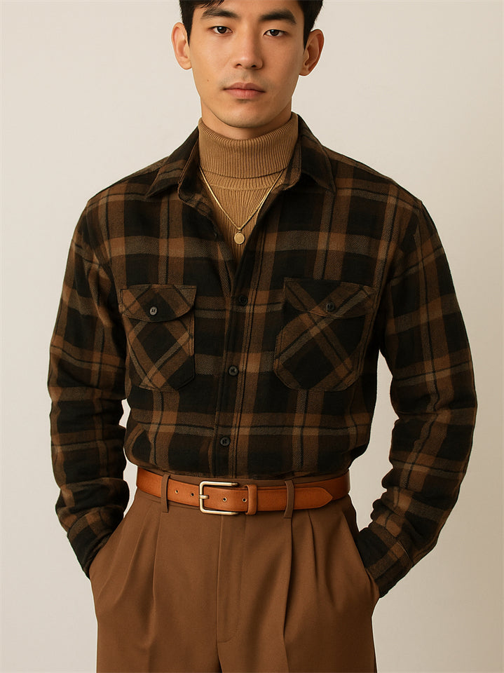 Men's Retro Coffee Plaid Long Sleeve Cargo Shirt