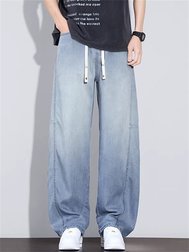 Men Summer Lyocell Wash Wide Leg Baggy Jeans Elastic Waist Denim