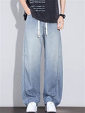Men Summer Lyocell Wash Wide Leg Baggy Jeans Elastic Waist Denim