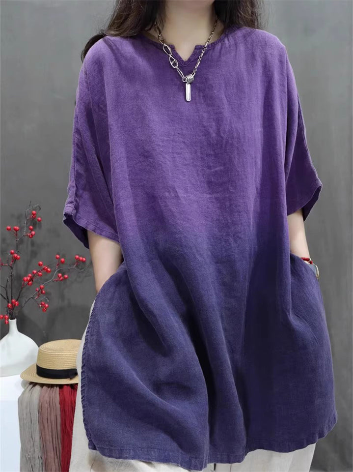Women's Summer Gradient Distressed Loose Splited Short Sleeve Shirt
