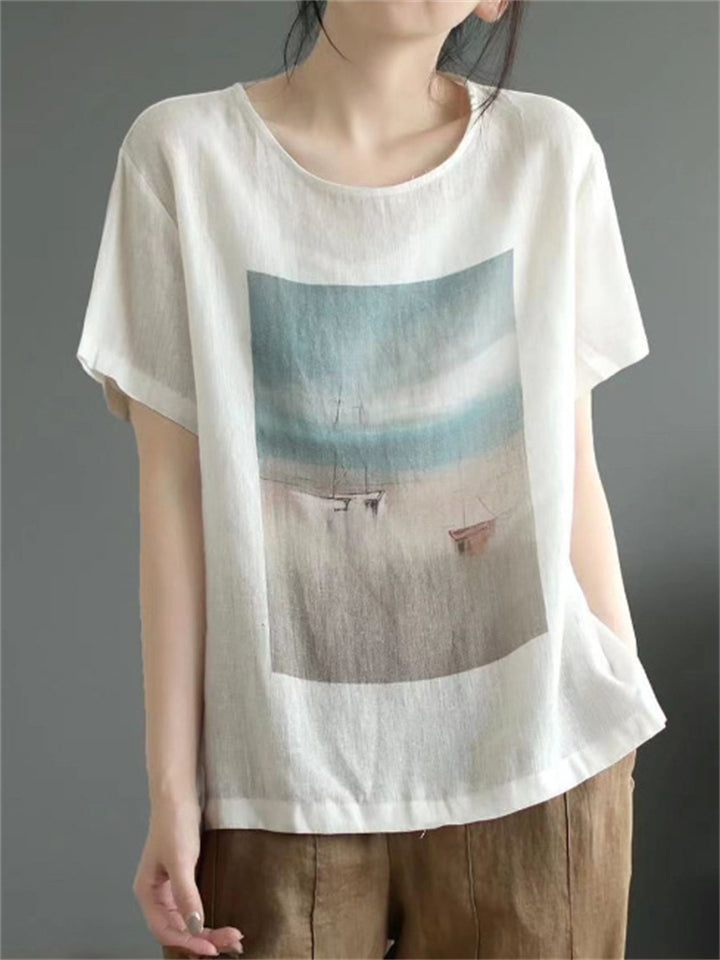 Summer Casual Cotton Linen Print  Short Sleeve T-shirt for Women
