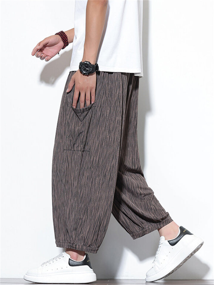 Men's Summer Cool Striped Pockets Wide Leg Beach Cropped Pants