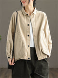 Korean Style Long Sleeve Women Cotton Lapel Pockets Jacket