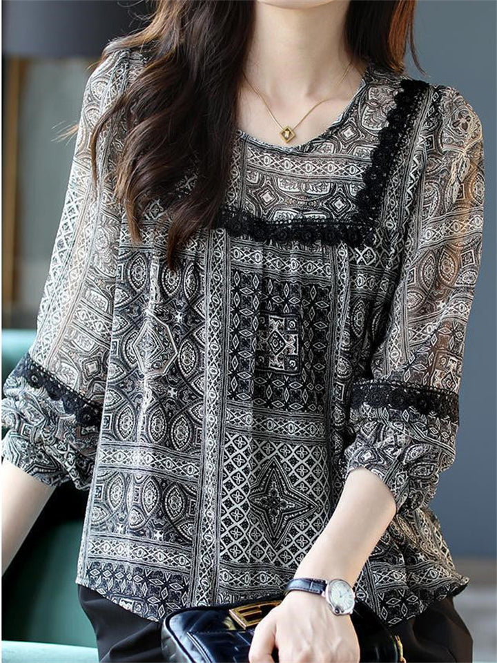 Women's Loose Black Print O-Neck Lace Trim Chiffon Shirt