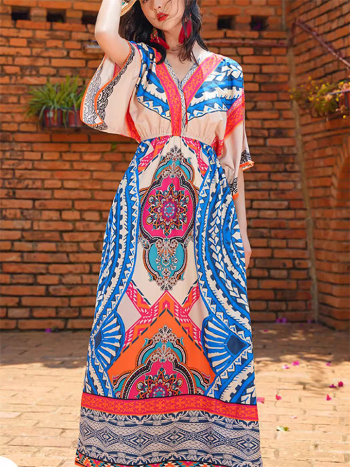 Women's Trendy Ethnic Holiday Style Print V Neck Maxi Dress