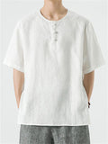 Chinese Style Comfy Solid Color Linen Short Sleeve Shirt