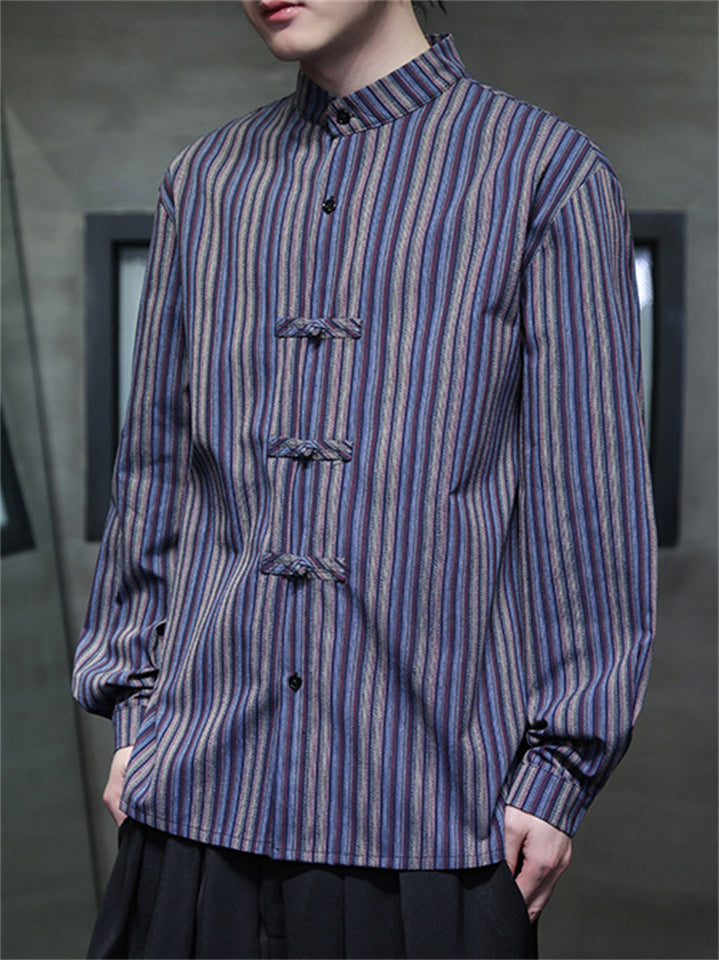 Chinese Style Men's Contrast Color Stripe Long Sleeve Shirts