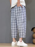 Men's Casual Drawstring Wide Leg Plaid Capri Pants