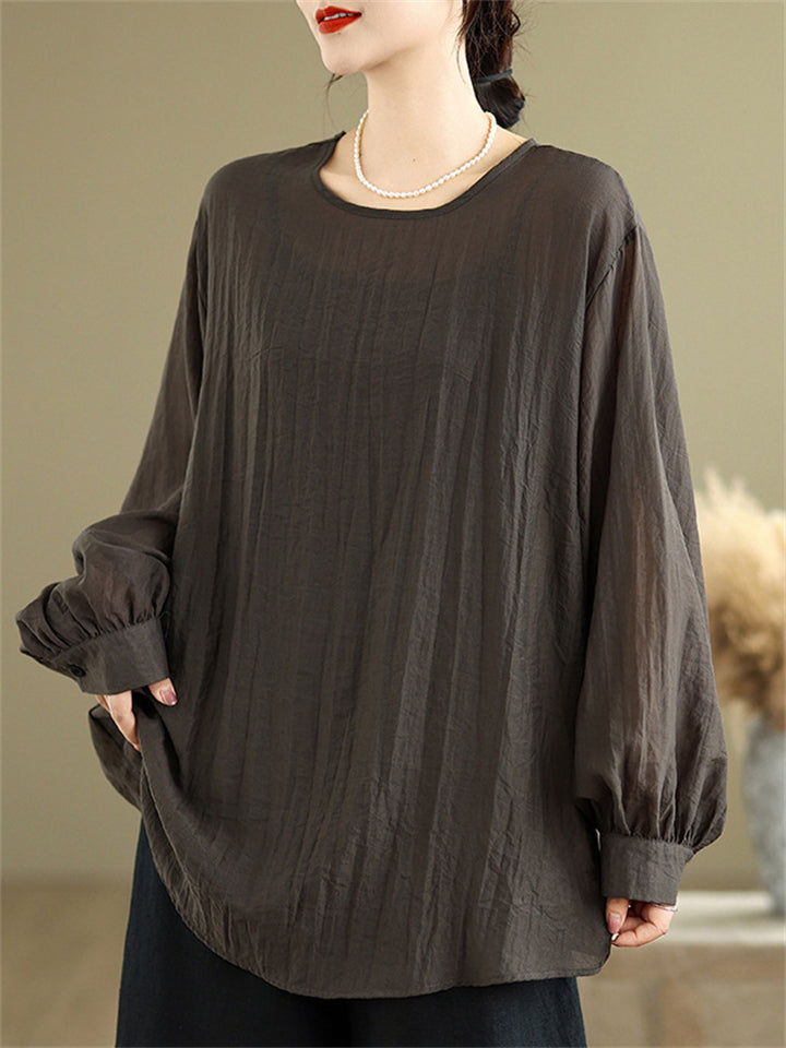 Women's Retro Coffee Solid Color Loose Round Neck Shirts