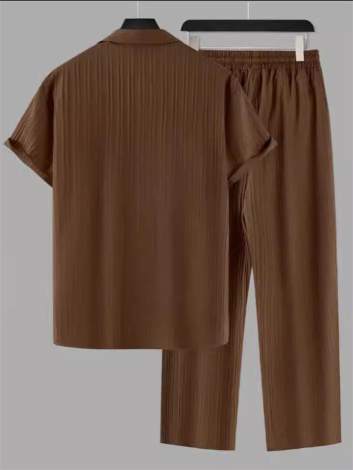 Men's 2Pcs Summer Stripe Single Breasted Lapel Solid Color Outfits