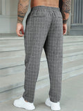 Men Plaid Drawstring Elastic Waist Casual Straight Trousers