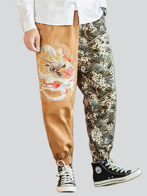 Men's Ancient Loong Sea Wave Embroidery Vintage Pants