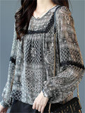 Women's Loose Black Print O-Neck Lace Trim Chiffon Shirt