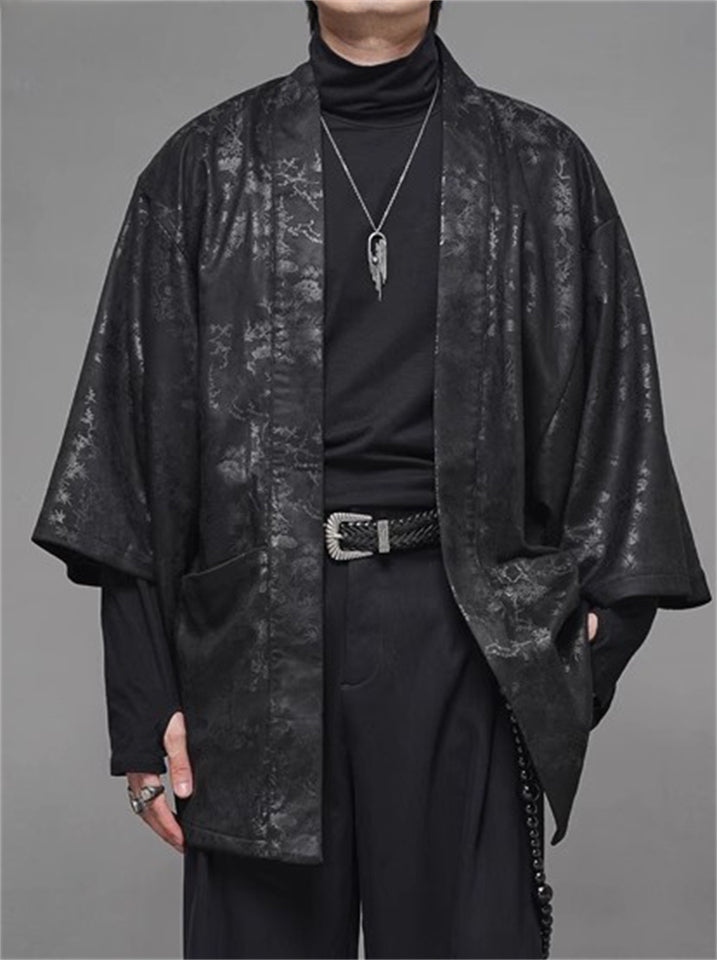 Retro Black Zen Style Print Faux Suede 3/4 Sleeve Cardigan for Men