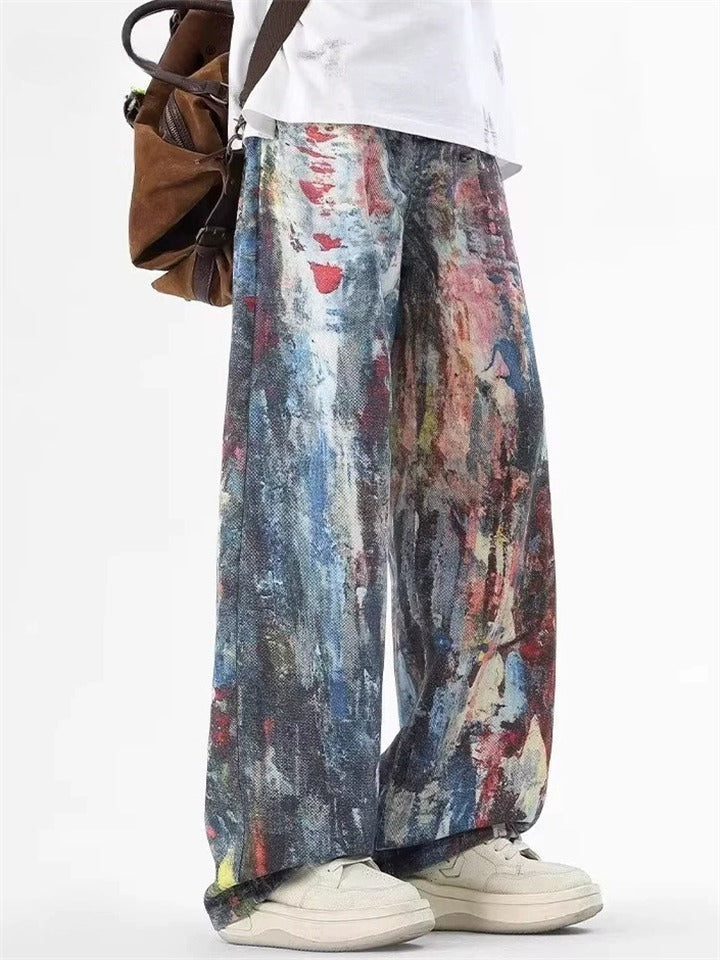 Men's Streetwear Oil Painting Print Loose Fit Wide Leg Pants