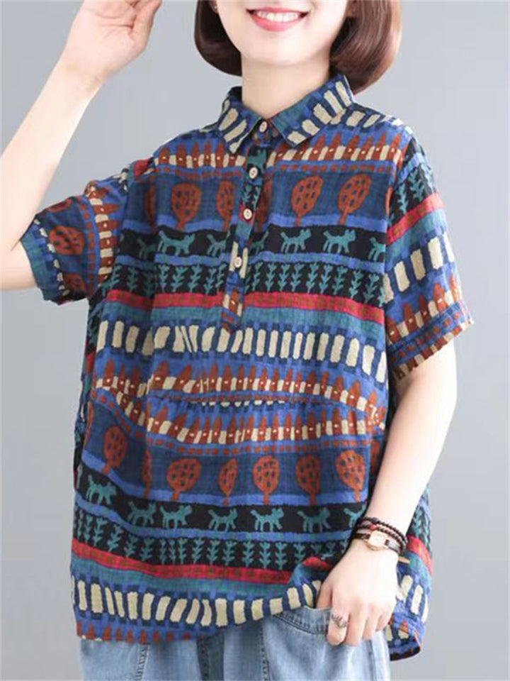 Women's Summer Loose Print Short Sleeve Shirts