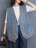 Women's Floral Embroidery Sleeveless V-Neck Denim Jacket