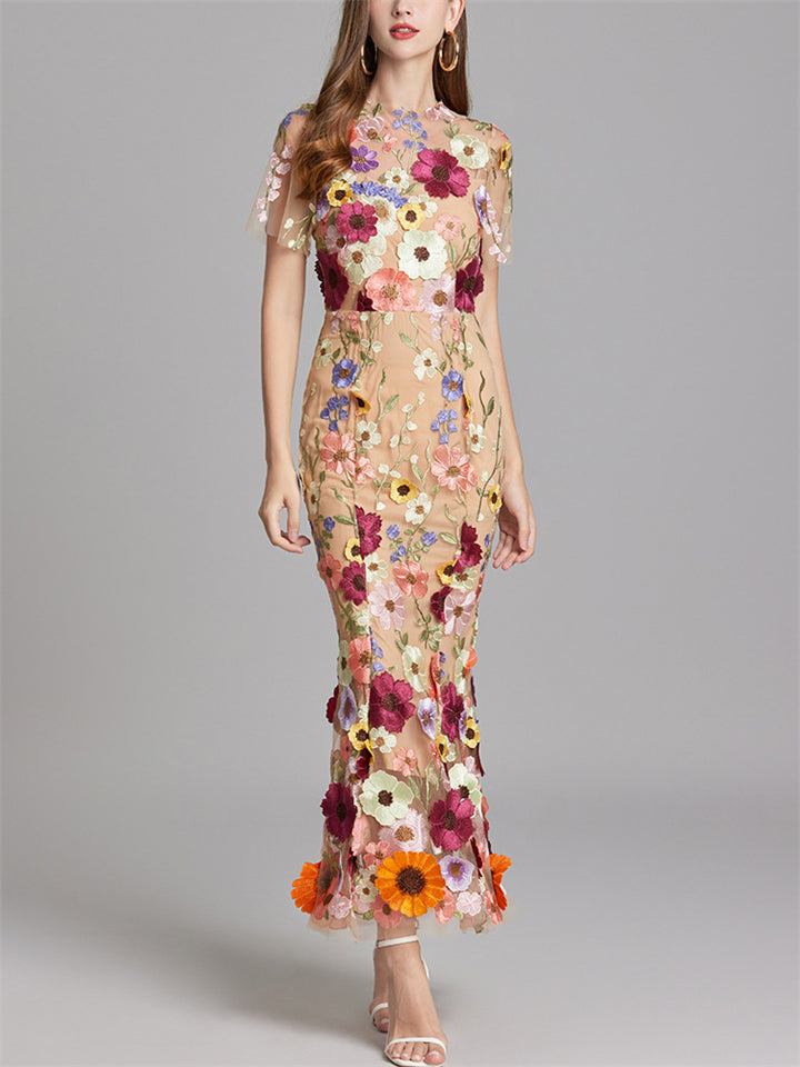 Elegant 3D Floral Embroidery Women's Sabrina Neckline Maxi Dress