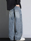 Men Wide Leg Drawstring Baggy Jeans Vintage Washed Streetwear Denim