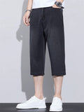 Mens Ice Silk Relaxed Fit Denim Capri Shorts Loose Summer Jeans