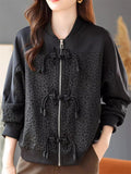 Korean Style Black Jacquard Patchwork Frog Button Jackets for Women