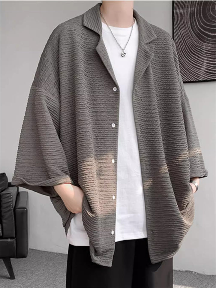 Men's Casual Solid Color Textured 3/4 Sleeve Cardigan Shirt