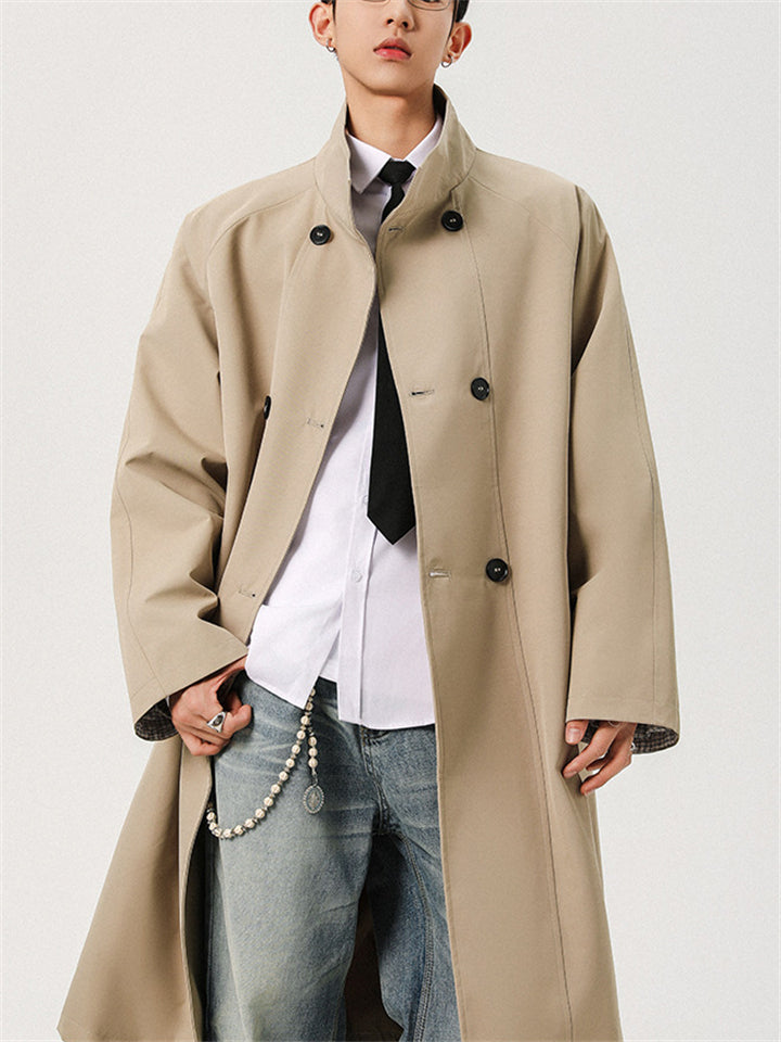 Men Double Breasted Trench Coat Long Belted Windbreaker Overcoat