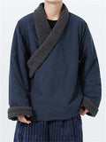 WInter Chinese Vintage Zen Style Fleece Trim Lined Lace Up Coat for Men