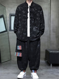 Chinese Ethnic Style Corduroy Button Leaf Pattern Jacket  and Loose Drawstring Pants Set for Men