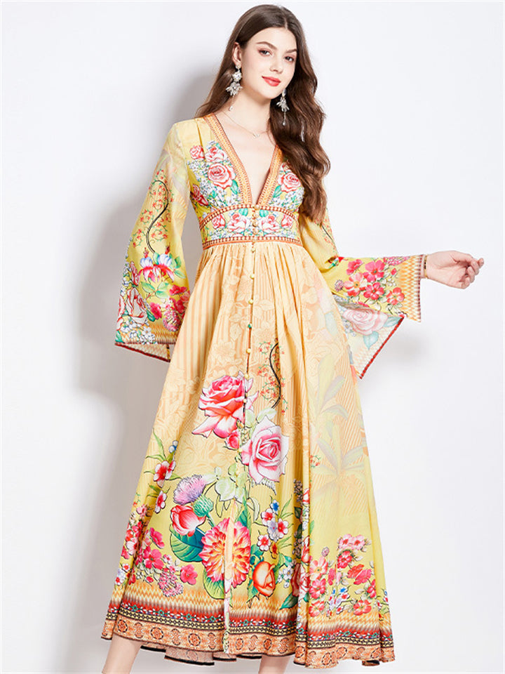 Women's Deep V-Neck Vintage Floral Holiday Dresses
