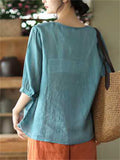 Summer Cotton Linen Embroidery Half Sleeve Shirt for Women