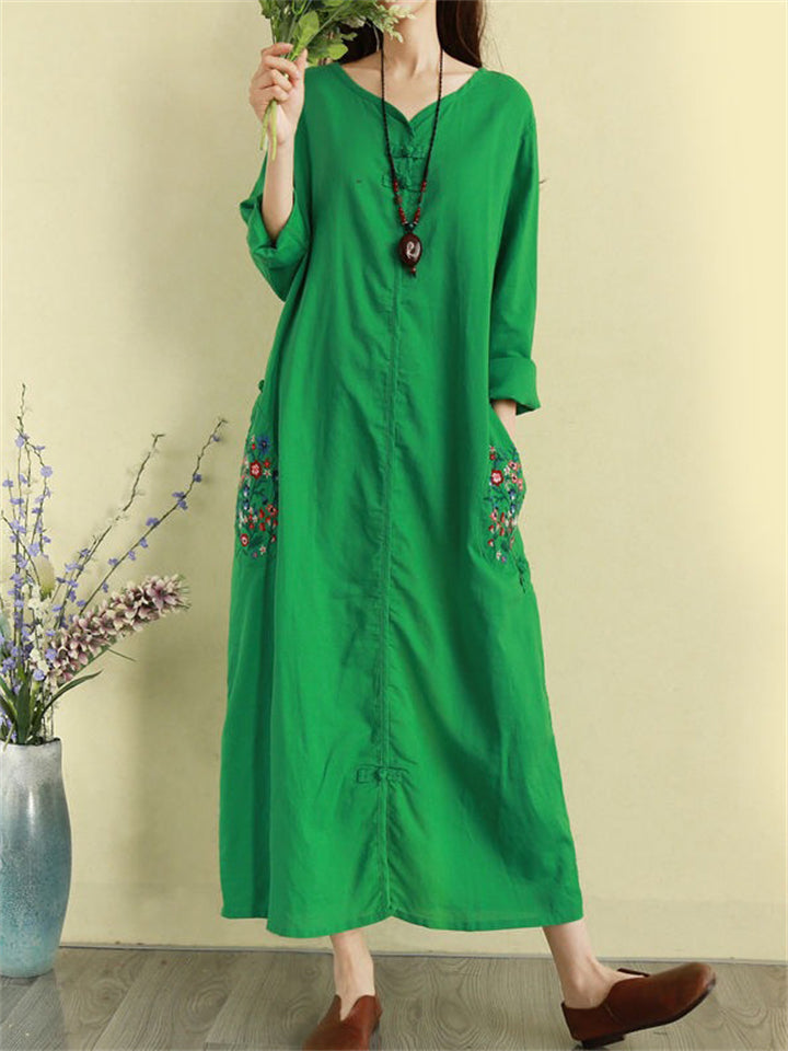 Women's Retro Ethnic Style Flower Embroidery Half Sleeve Long Dress