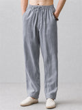 Mens Summer Breathable Linen Blend Wide Leg Drawstring Pants