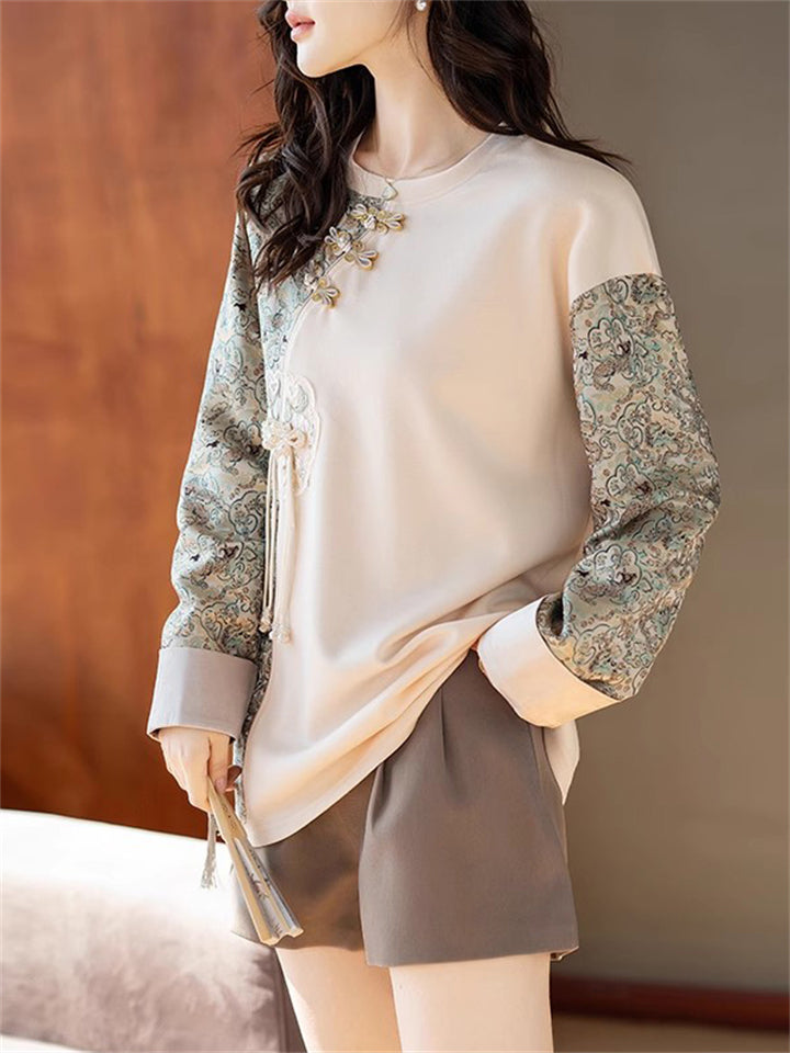 Chinese Style Jacquard Patchwork Round Neck Shirts for Women