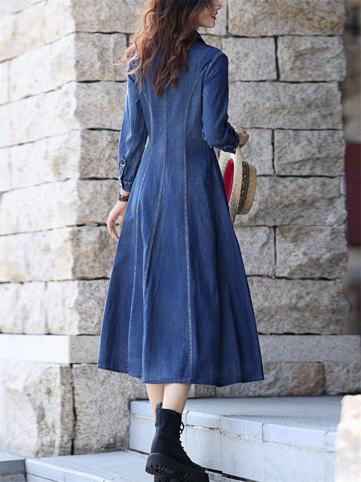 Female Lapel Embroidered Vintage A-line Denim Dress