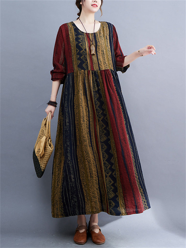 Ethnic Style Multicolor Stripe Round Neck Holiday Dress for Lady