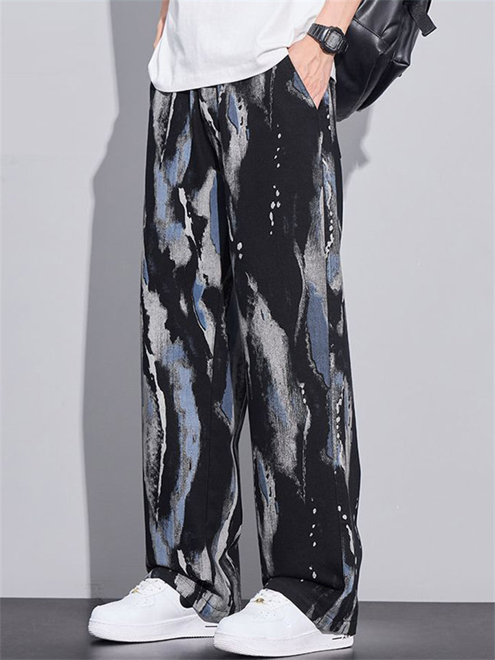 Men Abstract Marble Print Wide Leg Baggy Streetwear Pants