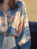 Korean Style Blue Summer Button Up Lapel Shirt for Women
