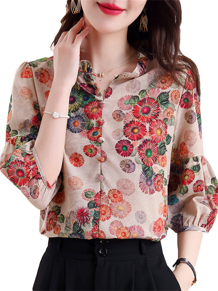 Summer Retro Elegant Floral Print Half Sleeve Shirt For Women